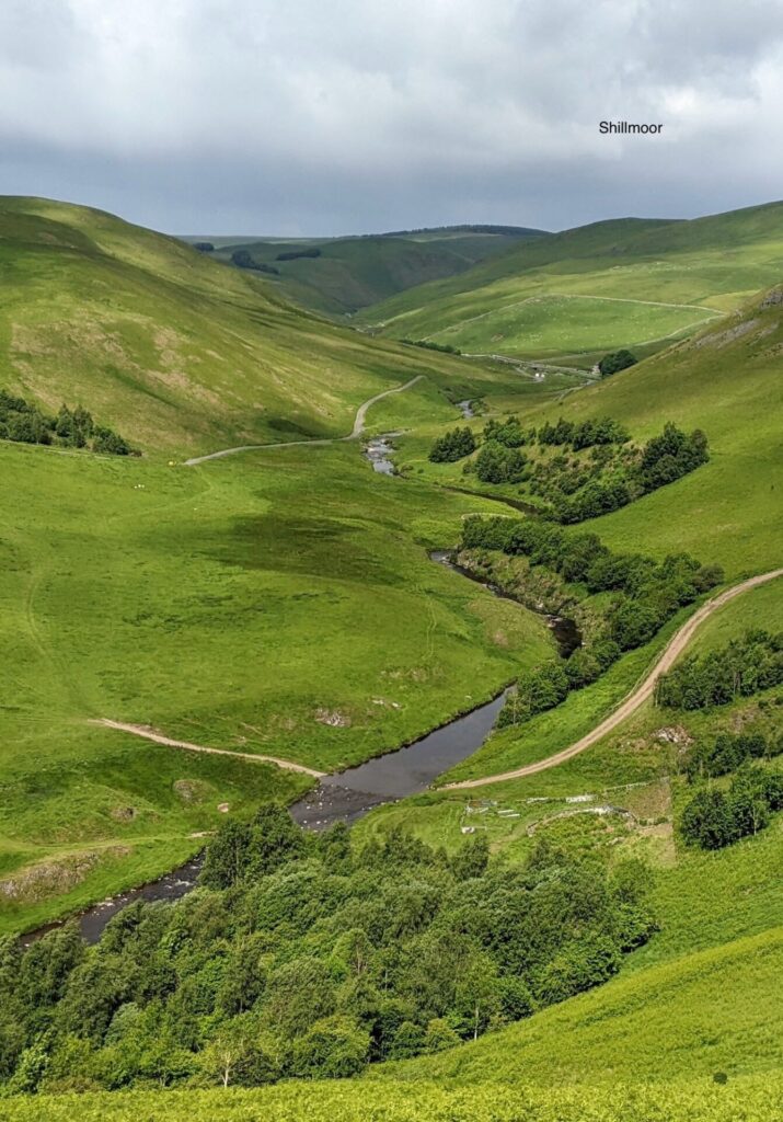 Looking down a very green valley with grassy slopes on both sides of a small river. There a few groups of trees dotted along the valley. In the distance the sky is dark grey below with lighter grey above and one bright patch of light on the left.