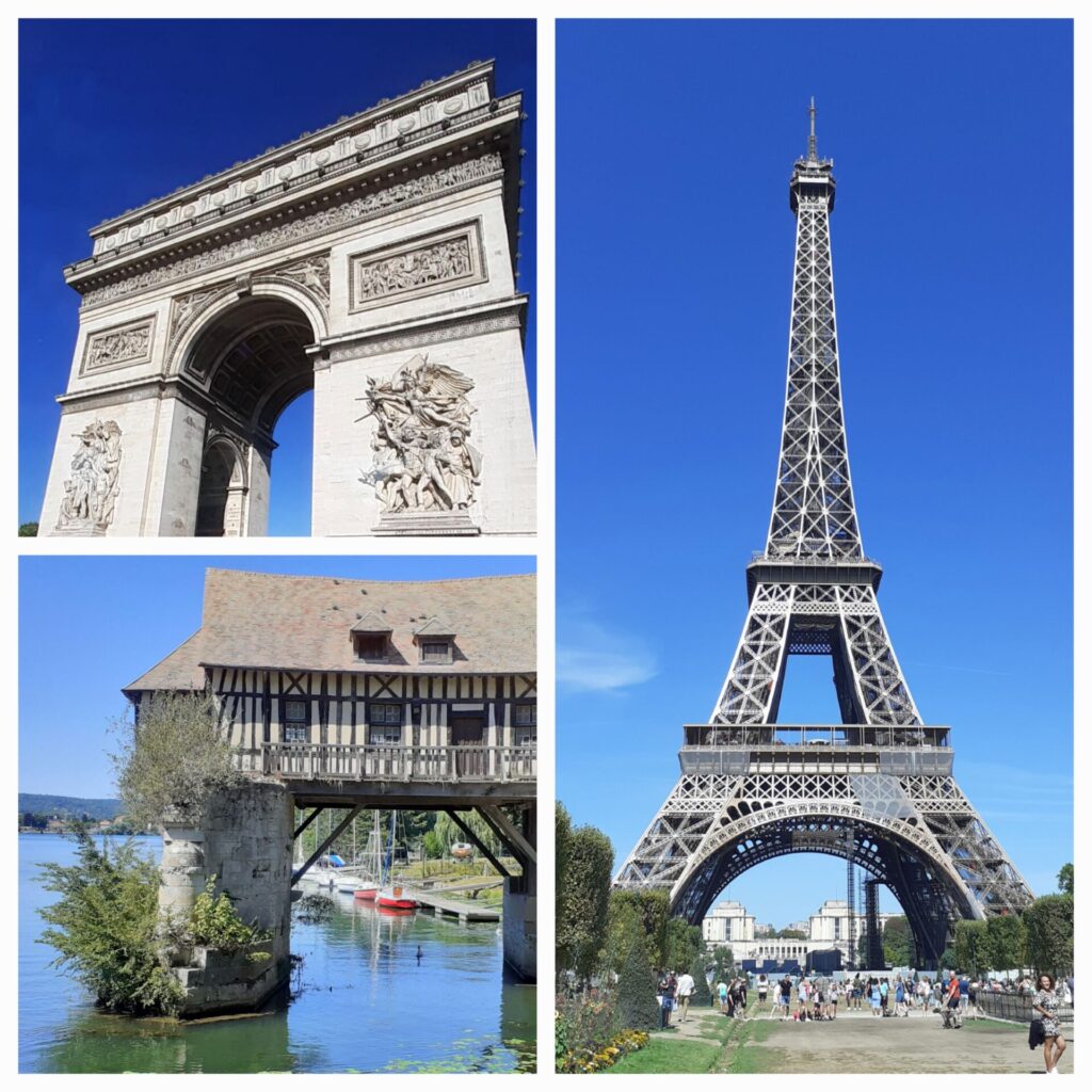 A composite image showing the Arc de Triomphe and the Eifel Tower in Paris, and the boat house at Vernon.