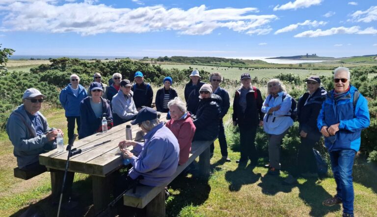 17 walkers. 6 seated at a picnic bench and the others standing on a grassy area with bushes behind them. In the distance is a bit of sea and Dunstanburgh Castle. The sky is blue with a few fluffy clouds.