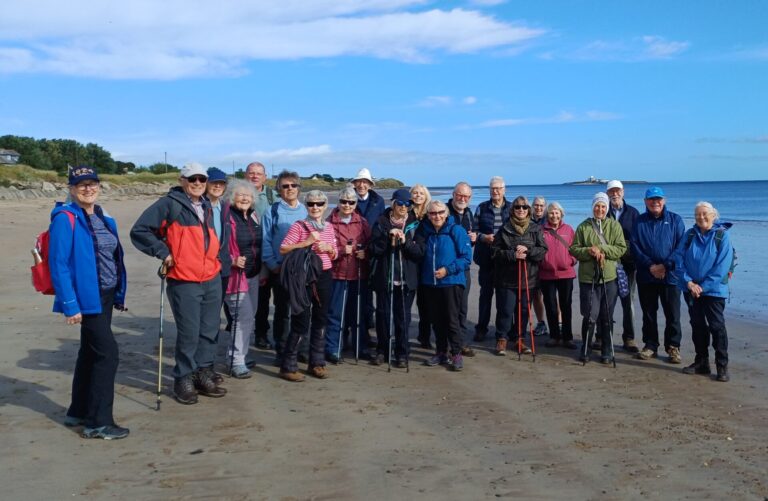 21 walkers standing in a rough semi-circle on the beach with the sea behind them. Coquet Island can just he seen in the distance. The sky is blue with a little bit of cloud.