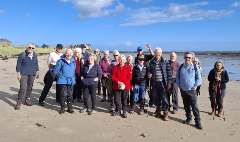 18 walkers lined up on the beach with a cottage to the left and rocks and the sea behind on the right in the distance. The sky is blue with a few whitish clouds.